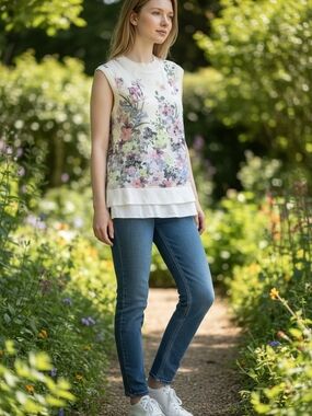 Ted Baker White Knit Top with Subtle Pastel Florals